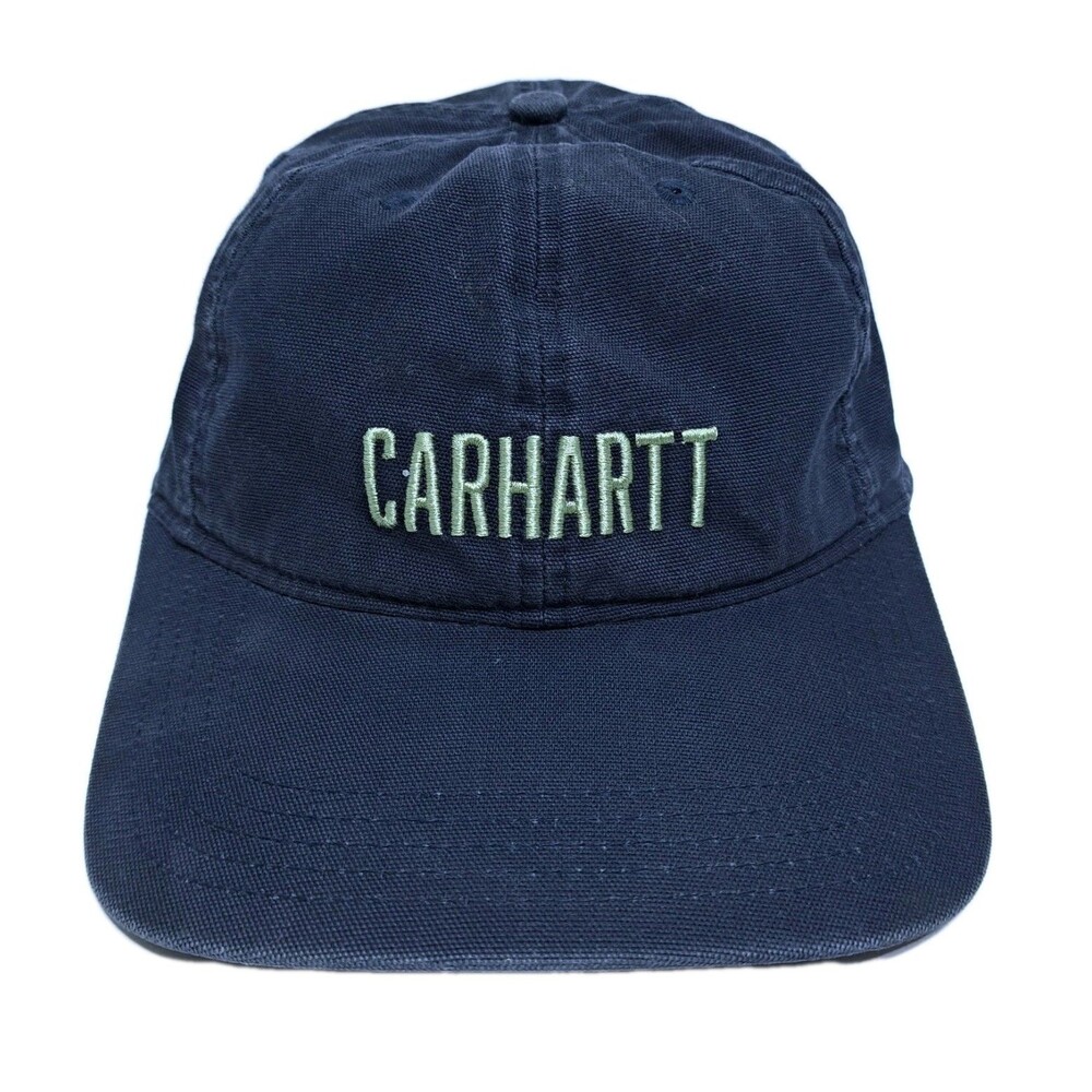 Carhartt Canvas Script Logo Hat Cap Blue Adjustable Strapback Workwear Distress